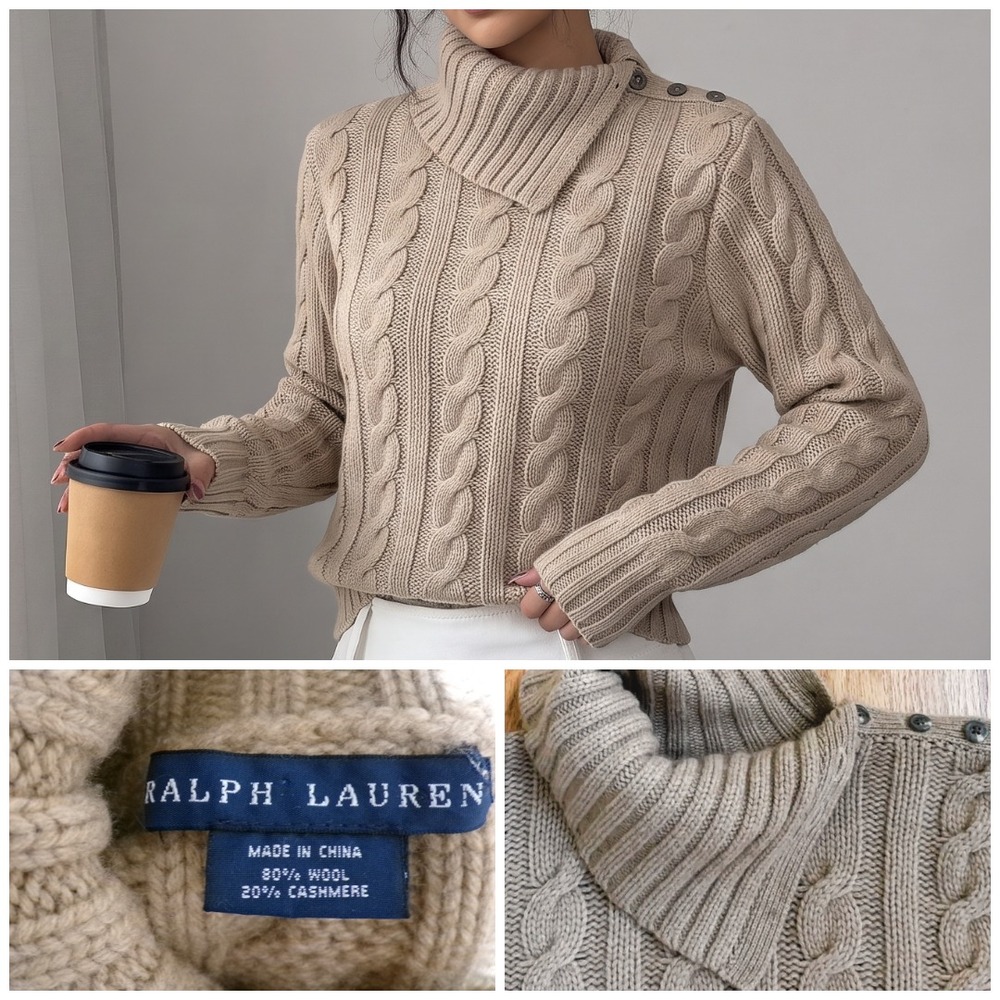 vtg Ralph Lauren Cable knit Sweater M Cashmere Tan Cowl neck button-shoulder y2k